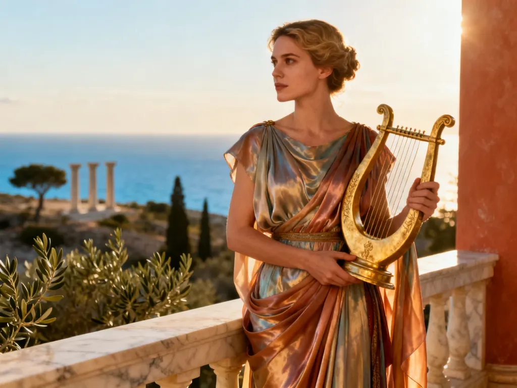 Elegancka kobieta w greckim stroju z lirą na tle antycznej architektury, nawiązująca do kultury starożytnej Grecji.
